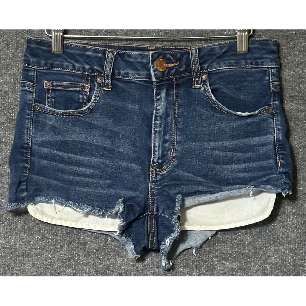 American Eagle Hi-Rise Shortie Denim Shorts Dark Wash Raw Hem Women Size 8